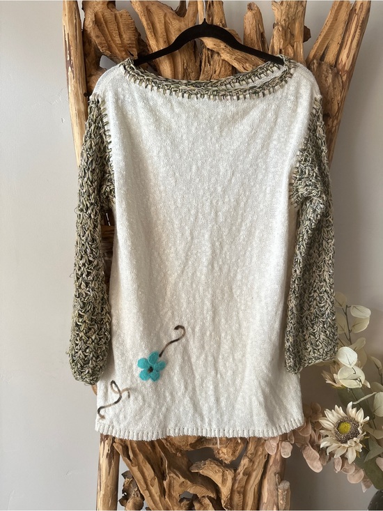 Sweaters - Cream Tunic Sweater with Olive Knit Sleeves and Teal Flower